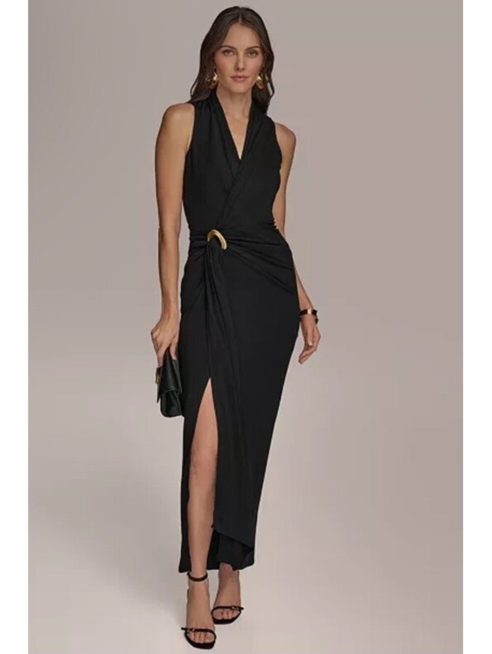New Donna Karan New York Belt Detail Sheath Maxi Dress In Black Sz 6 $229